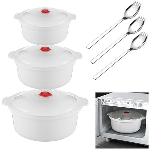 HEKOBAG 3 STK Mikrowellengeschirr mit Deckel Mikrowellenteller Plastik Mikrowellen Kochtopf 0,9L/1,6L/2,4L Schüssel mit Deckel Mikrowellengeeignet Mikrowellengeschirr Set mit Dampfregelventil Gabeln