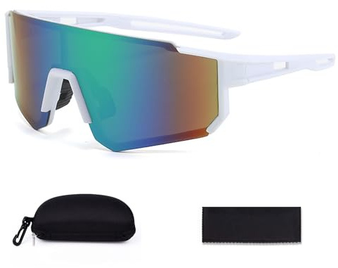 JXCTNNU Occhiali da Sole Sportivi Polarizzati Occhiali da Ciclismo Occhiali da Sci Occhiali Montagna con Custodia e Panno Protezione UV400 per Ciclismo, Motociclismo, Sci, Alpinismo (Bianco Verde)