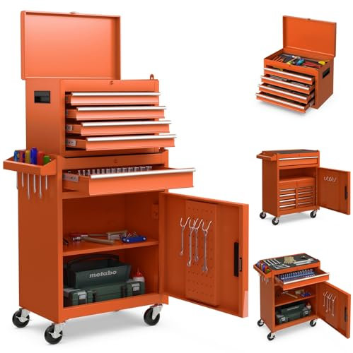 TANGZON Lockable Tool Cabinet, Rolling Tool Chest Combo with Wheels, Drawers, Hooks & Side Handle, Detachable Garage Workshop Tool Cart Trolley (without Middle Compartment, Orange)