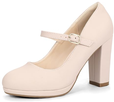 IDIFU Nude Pumps Closed Toe Heels Mary Jane Shoes Platform High Chunky Block Heels Comfortable Dress Shoes for Women Wedding Bridal Prom Work Dressy Trendy Round Toe Pumps Shoes(Nude Nubuck, 8.5)