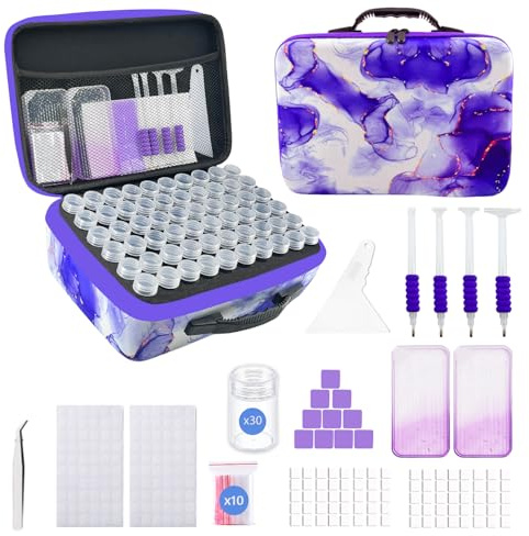 SuSentak Diamond Art Storage Containers with Dot Drill Tools,30 Slots Bead Organizer Case for 5D DIY Art Kits, Portable Craft Box for Diamond Painting Accessories (Purple)