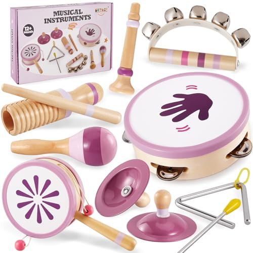 BUYGER Strumenti Musicali Bambini 1 Anno, Giochi Montessori Legno, Tamburo Aulos Batteria per bambini, Regali Primo Compleanno Bimbo Maschio Femmina