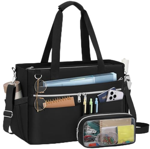 RAINSMORE Laptop Tote Bags for Women 15.6 Inch Teacher Bag Large Utility Nurse Bag Water Resistant Briefcase with Insulated Pockets for Work Office Travel University Black