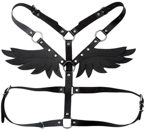 Women's Body Chest Harness Belt with Angel Wings, Adjustable Faux Leather Body Caged Neck Waist Harness Bondage Strap for Ladies, BDSM SM Roleplay Cosplay Costume Rave Masquerade Party Fetish Clubwear