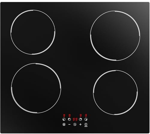BOOVAL Induktionskochfeld 60cm Einbau – 4 Zonen, 6000W, Kochfeld Induktion, Touch-Bedienung, 9 Stufen, Timer, Restwärmeanzeige, Überhitzungsschutz, Kindersicherung, BIH604T Schwarz