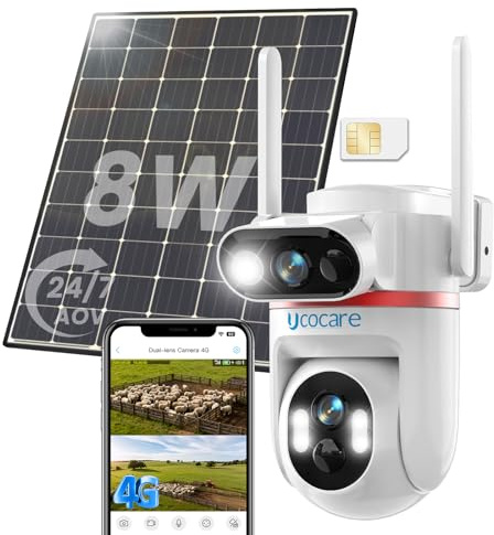 24/7 Registrazione AOV Telecamera con SIM 4G da Esterno, 4MP+4MP Doppia Telecamera 4G con Pannello Solare 8W, 15800mAh Batteria, Rilevamento AI, 360° Tracciamento Auto, Visione Notturna Colori, IP66