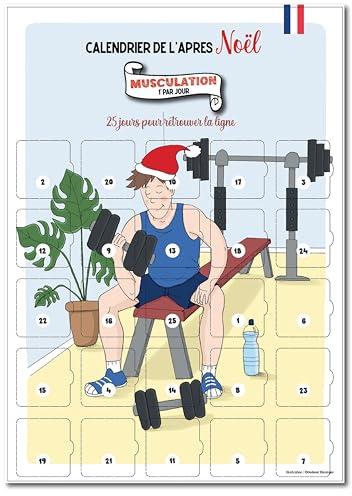 Calendrier de l'Après-Noël pour Homme | Format A3 avec Chevalet | 25 Exercices de Musculation Quotidiens | Programme Fitness Post-Fêtes | Affiche Défi Sportif Humoristique