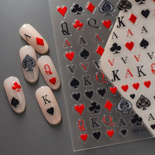 CharmeFleur 2 Feuilles Poker Autocollant pour Ongles Design de Cartes à Jouer Applications d'Ongles Cœur Pique Trèfle Carreau Autocollants pour Designs d'Ongles 3D Autoad