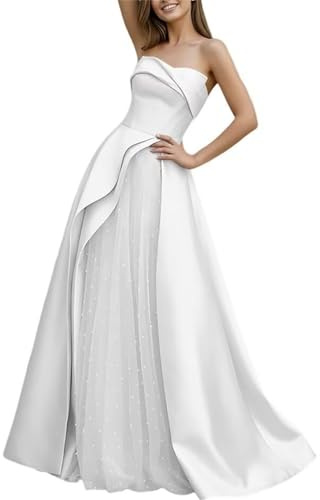 WISIYLE Corsetto senza spalline in raso abiti lunghi da ballo una linea abiti da cocktail abiti da sera formali in tulle con perline DSJ020, bianco, 38