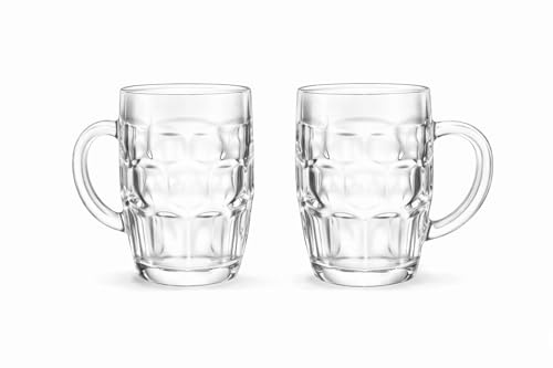 B Unique Dimpled Pint Beer Glass – 19 oz (560 ml) Lead-Free Large Beer Mug, Thick Glass with Handle, Classic German-Style Design, Set of 2