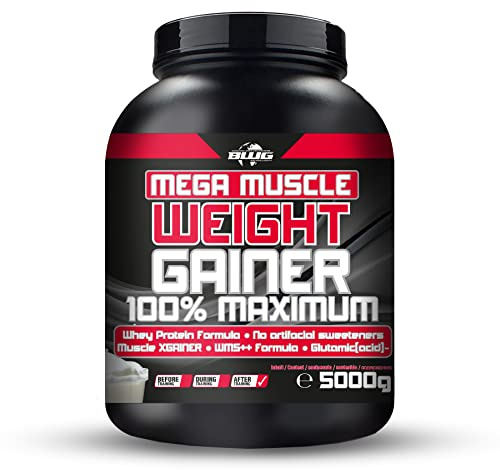 BWG Mega Muscle Weight Gainer 100% Maximum - perfekt für HardGainer und Massephasen – Kraftaufbau - Mega Chocolate - Dose mit Dosierlöffel - (1x 5000g Dose)