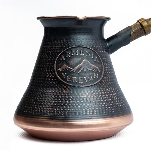 Caffettiera armena fatta a mano da 21 Fl Oz - Copper Jazva Ararat - Turco Arabo Greco Cezve Jezve Ibrik Turka Jazve Maker - Manico in legno - (7 tazze (21 US fl.oz))