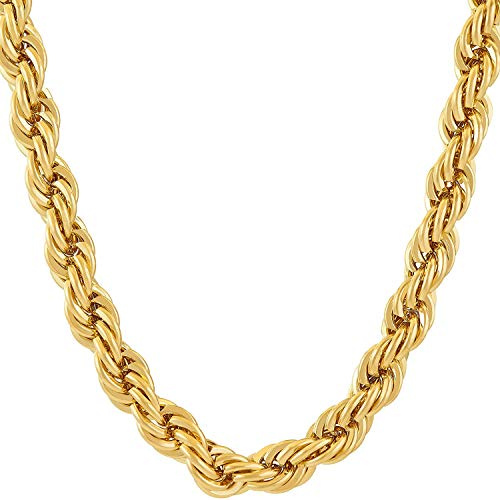 Dubai Collections Collar de cadena de cuerda de 7 mm chapado en oro real de 24 quilates para hombres y mujeres, metal