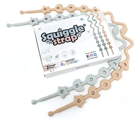 Squiggle Strap® 2 PCS Correa de Juguete para Bebé de Silicona,Cuerda de Juguete para Cochecito de Bebé,Correa de Juguete para Tronas,Cochecitos,Sillas de Coche. Rosa Rubor y Gris Frío