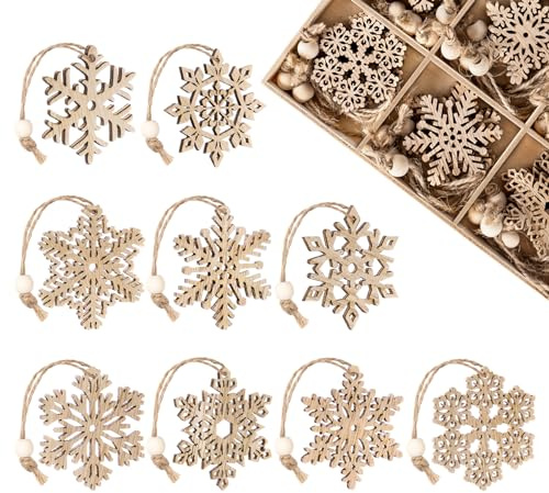 Mocraft 36pcs Wooden Snowflakes Vintage Christmas Pendant Wood Christmas Pendant Christmas Tree Snowflake Hanging Ornaments Christmas Decoration With Hemp Rope