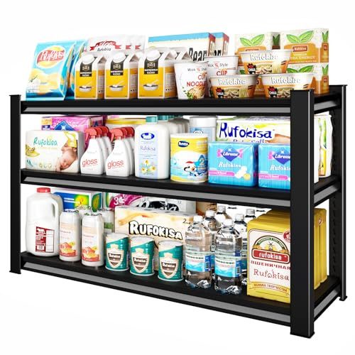 Rufokisa 3-Tier Garage Shelving Heavy Duty，48 W Metal Shelving Unit for Garage, 1650 lbs Load Capacity Utility Rack Shelves＆ Garage Shelves, 48”W x 18”D x 39”H(Black)