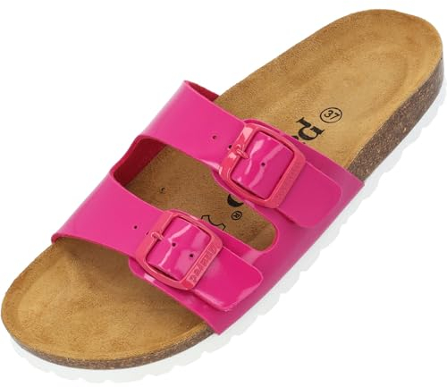 Palado Pantoletten Damen Milos Lack – elegante Sandalen Made in Spain - bequeme Hausschuhe mit Kork-Fußbett - modische Sommerschuhe Pink UK6 - EU39