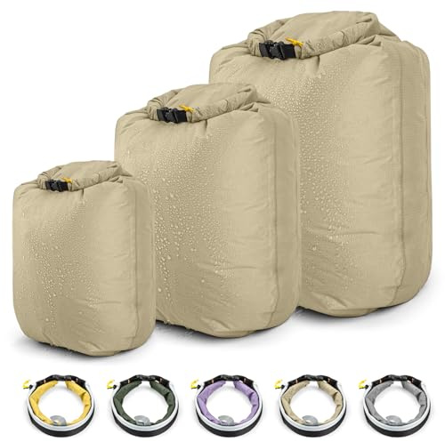 HIKEMAN Waterproof Dry Bag Set - Lightweight Canoe Bags Dry Sack,Roll Top Drifting Bag,3-Pack Stuff Sack for Kayaking Rafting Boating Hiking Camping Travel Backpacking (Khaki)