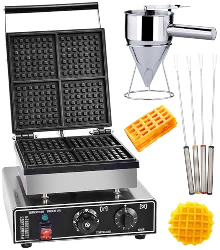 Gofreras y planchas, Gofrera Comercial de 1250 W con Revestimiento Antiadherente, Gofrera con regulación de Temperatura, Temporizador, Calefacción de Doble Cara, Acero Inoxidable, Indicador