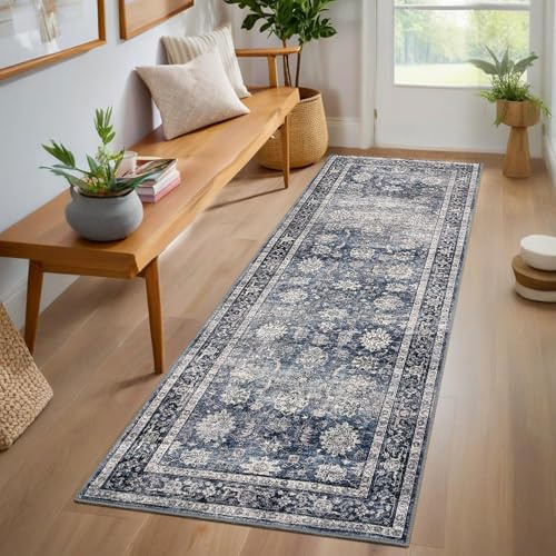 GarveeHome Runner Rugs 2x6 Vintage Printed Hallway Rugs with Non-Slip Backing, Stain-Resistant Oriental Area Rugs, Washable Farmhouse Low Pile Rugs for Kitchen, Laundry, Blue