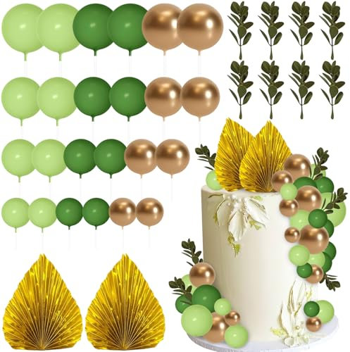 Bolas Decoracion Tartas, 64 PCS Decoracion de Pastel Bohemio, Bolas Adornos Tarta, Decoracion Tarta Hojas de Palma, Decoracion Tartas Cumpleaños para DIY, Bodas, Baby Showers (Verde)