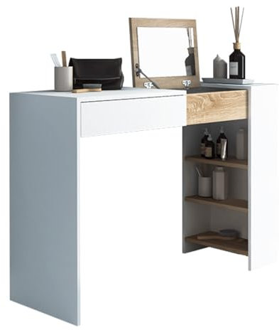 Kondela 2-in-1 Schminktisch & Schreibtisch – 114 cm Breit, Weiß/Eiche Sonoma, Modernes Design, mit Spiegel, Schublade & Regalen – Multifunktionaler Makeup Tisch, Frisiertisch, Dressing Table | ELIS