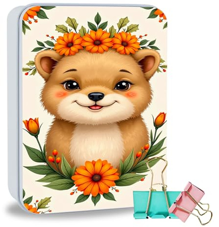 ETLKJVBL Metal Tin Box Sturdy Metal Storage Box with Lid, Bear with Orange Flower Crown Large Container Holder for TCG Cards, Cookies, Car Keys and More, 7.1x4.7x2.0 Inch Tin Containers for Gift