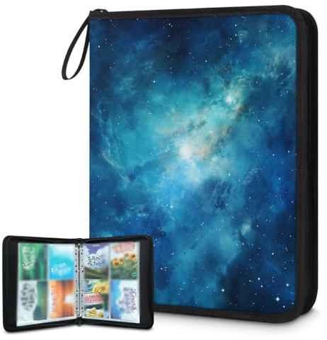 Carpeta de tarjetas coleccionables con 4 bolsillos, color azul, galaxia, universo, nebulosa, carpeta, carpeta con fundas extraíbles, impermeable, con cremallera, capacidad para 50 páginas y 400