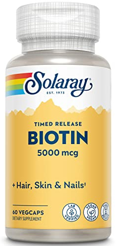 Solaray Timed-Release Biotin 5000 mcg - Pure Biotin 5000mcg for Hair, Skin, and Nails, Hair Vitamin for Women and Men, Vitamin B 7 Pills - 60 Vegan Capsules