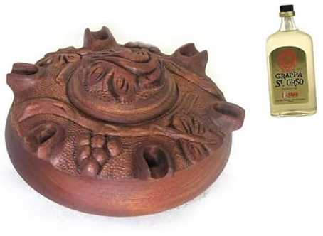 Grolla dell'amicizia valdostana a 6 becchi uva diam. 23cm ca in legno di mogano con mignon 3cl Grappa S Roch, ricetta per preparare il caffè alla valdostana