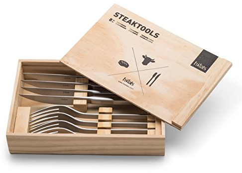 höfats - Steakbesteck 8-teilig mit Steakmesser, Steakgabel und Holzkiste - Besteckset 4 Personen - rostfreier Edelstahl