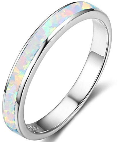 Stainless Steel Fire Opal Inaly Half Eternity Wedding Band Ring (Silver White, M)