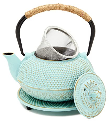 Juvale Cast Iron Tea Kettle with Infuser - Green, 18 oz/500 ml, 3-Piece Set - Teapot for Brewing Loose Leaf Tea - Stovetop Safe Tetsubin Set with Trivet