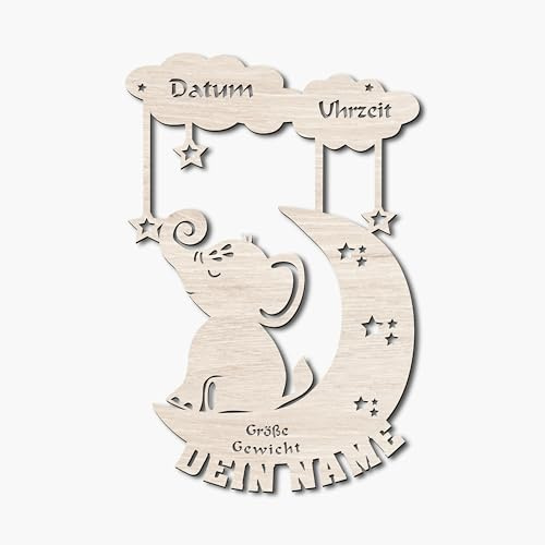 Personalisierbares Nachtlicht Elefant auf einem Mond umgeben von Wolken aus Holz | Kinderzimmer Lampe mit Name | Warmweiß oder RGB LED mit Fernbedienung | Deko für Babyzimmer & Geschenk Geburt