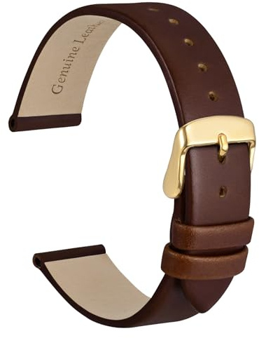 WOCCI 18mm Lug Width, Elegant Watch Band, Genuine Leather Replacement Strap with Gold Buckle (Caramel Brown)