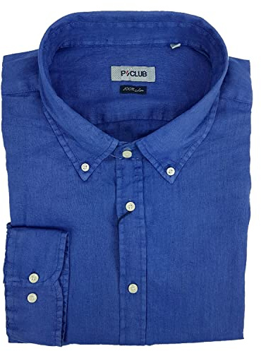 P-Club Chemise pour homme à manches longues 100 % pur lin Button Down Regular Fit couleur unie M L XL XXL 3XL, Denim, 3XL