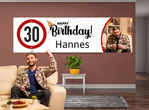 Personalisiertes PVC-Geburtstagsbanner (220x65 cm) mit Foto, Name & Alter - Roter Kreis, Bogen und Konfetti-Design für Männer und Frauen