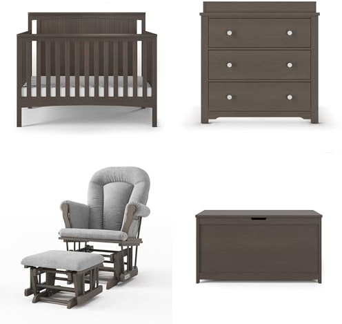 Child Craft Scout 4-in-1 Convertible Baby Crib Nursery Furniture Set - Baby Bed, Dresser with Changing Table Topper, Glider Chair, and Toy Box for Babies, Toddlers and Kids (4 Piece - Dapper Gray)