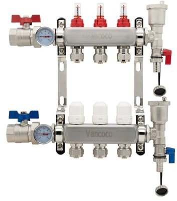 VANCOCO Collettore di Calore Radiante a 3 Circuiti con Eurocone 3/4 (16 x 2 mm), Distributore di Circuiti di Riscaldamento, Kit Collettore PEX con Misuratori di Flusso e Valvole a Mano