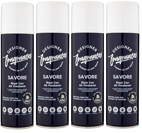 Designer Fragrances 4 Pack Savore Air Freshener Blast Cans - For Home & Vehicles – Natural Oils, Luxury Lasting Smell, Dry Mist Quick Release Spray – Deodorise & Neutralise Odours – 300ml