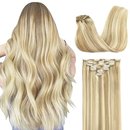 GOO GOO Clip in Human Hair Extensions, 22inch 120g 7pcs, Hair Extensions Clip in, 18A/613A Golden Light Blonde