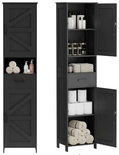 Homhedy 67 H Tall Bathroom Storage Cabinet with 2 Barn Doors and 1 Drawer, Narrow Storage Unit, Adjustable Shelves, Floor Cabinet for Bathroom, Living Room, Entryway, Kitchen, Black, (15.7 W)