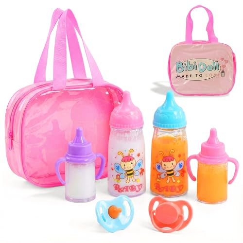 BiBi Doll 7-Piece Baby Doll Accessories Set – Magic Milk Bottles, Juice Bottles, Dummies & Carry Bag for Realistic Role Play – Great Gift for Boys and Girls