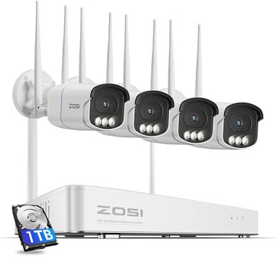 ZOSI 5MP Aurora Lux Kit Caméra de Surveillance WiFi avec 4K 8CH NVR 1TB, Alarme Sonore et Lumineuse, Détection de Personne/Véhicule, Vision Nocturne en Couleur avec Projecteur, Accès à Distance