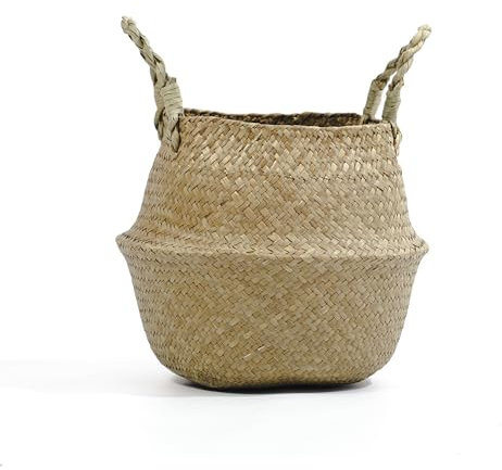 Valyria Home - Cesto de Mimbre 27 cm – Macetero Decorativo Plegable con Asas – Cesta de Almacenaje para Plantas, Ropa o Juguetes – Estilo Boho para Hogar