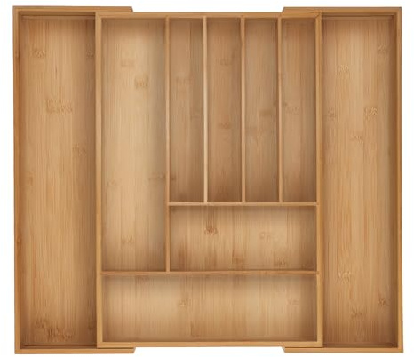 Relaxdays Besteckkasten, 7–9 Fächer, ausziehbarer Besteck Schubladeneinsatz, HxBxT: 6 x 34-56 x 50 cm, Bambus, Natur