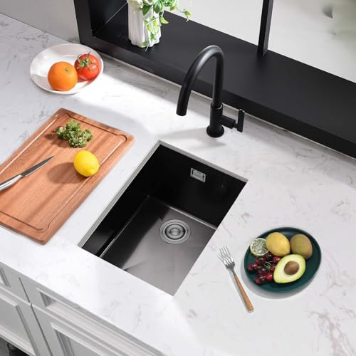 BoomHoze Fregadero Cocina 30 x 40 cm, Fregadero Bajo Encimera, Fregadero Acero Inoxidable Con Rebosadero Y Escurridor, Instalación Empotrada O Sobre Encimera (Negro)