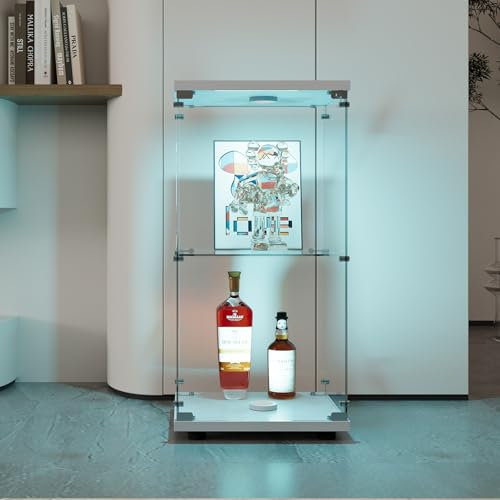 YLSZHY Vitrina de Cristal con Puertas y Luces LED, Vitrina de 2 Niveles con Cerradura, librería Independiente para salón y Dormitorio, Blanco