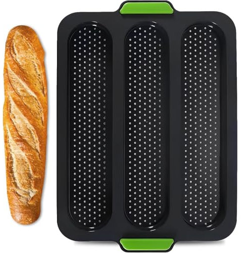 TRLREQ Baguette Baking Tray, 3 Cavity French Bread Pan, Non-Stick Perforated Mould, Mould Perforated Baking Pan for Loaves Grey