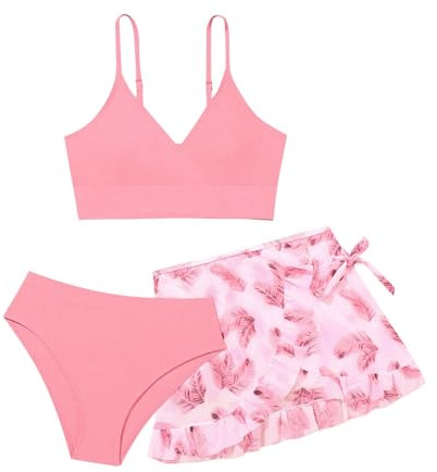 Maillot De Bain 3 Pièces pour Filles Été Ensemble De Maillot De Bain Bikini pour Fille, Joli Haut De Bikini pour Fille + Imprimé Floral Culotte Maillots De Bain avec Jupe De Plage
